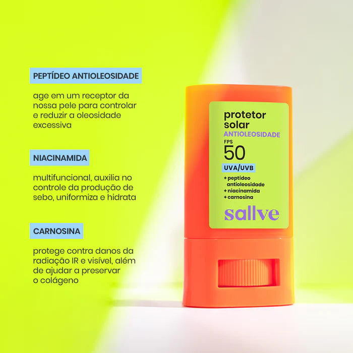 PROTETOR SOLAR BASTÃO ANTIOLEOSIDADE FPS 50 - SALLVE (15G)