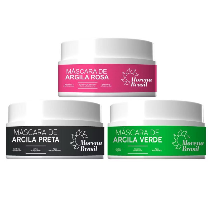 MÁSCARAS FACIAIS DE ARGILA ROSA, VERDE E PRETA - MORENA BRASIL (100G)